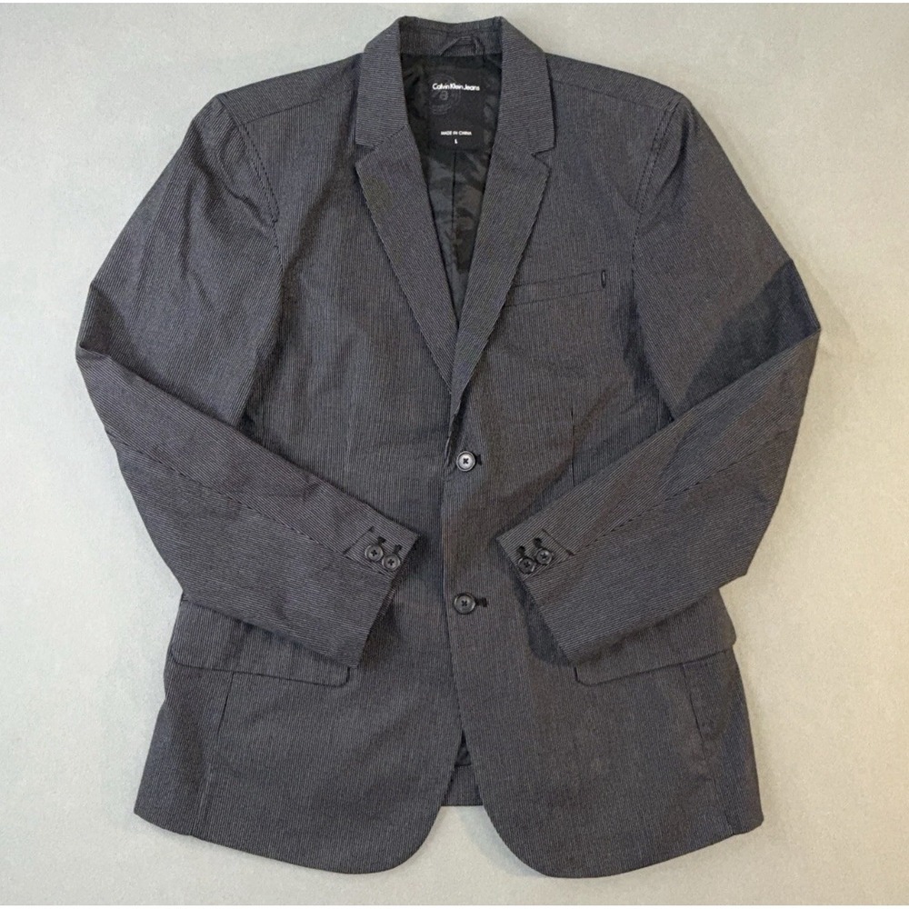 Men's Calvin Klein Performance Blazer Striped Suit Jacket Sport Coat Gray Size L